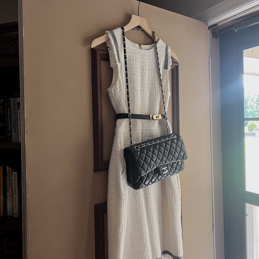 White Midi Tweed Dress w Black Trim